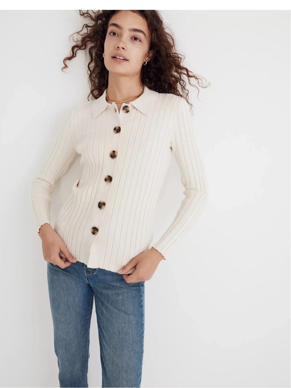 Madewell polo Cream Ribbed Button-Front Collared Sweater